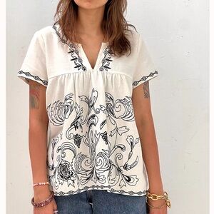 Neiman Marcus Linen Embroidered Boho Blouse Free People Style Top S